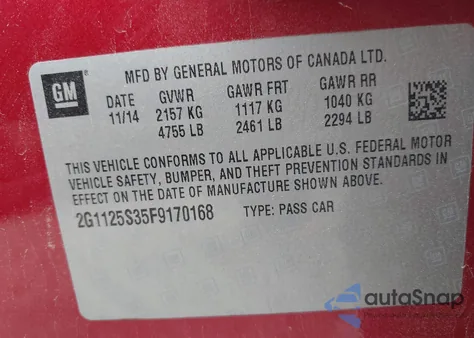 2015 Chevrolet Impala 2Lt из США, поврежденный, VIN 2G1125S35F9170168